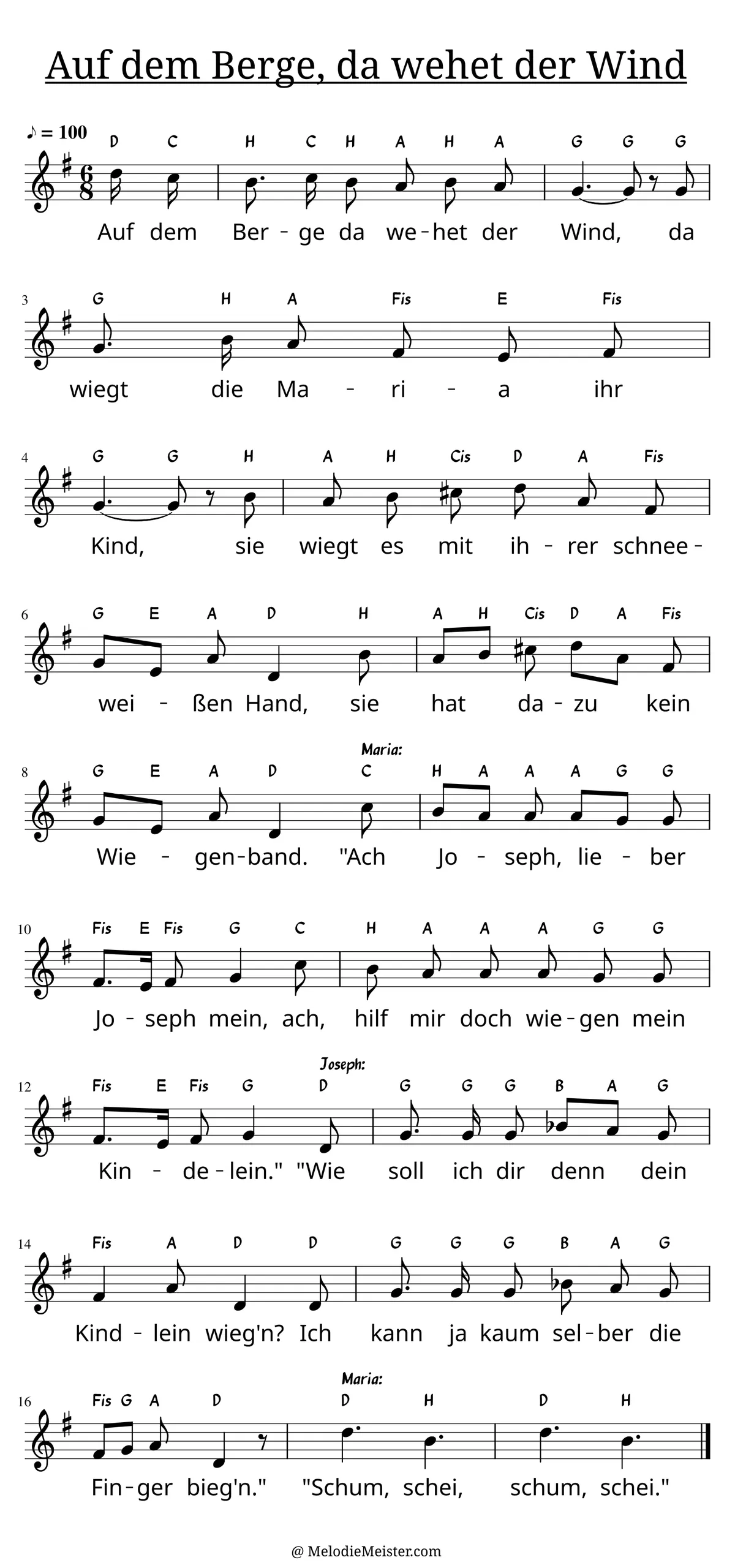 Notenblatt „Auf dem Berge, da geht der Wind“. Einstimmige Melodie im Violinschlüssel, , , mit der 1. Strophe des Liedtextes.