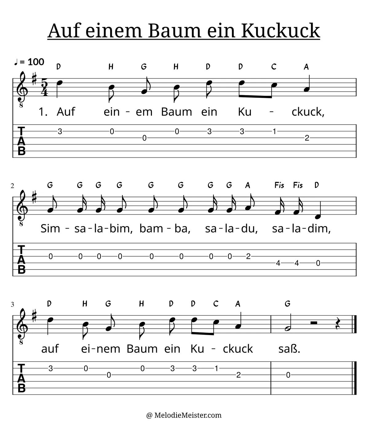 Auf einem Baum ein Kuckuck – Noten für Gitarre mit Tabulatur und Text zum Kinderlied, geeignet für Anfänger