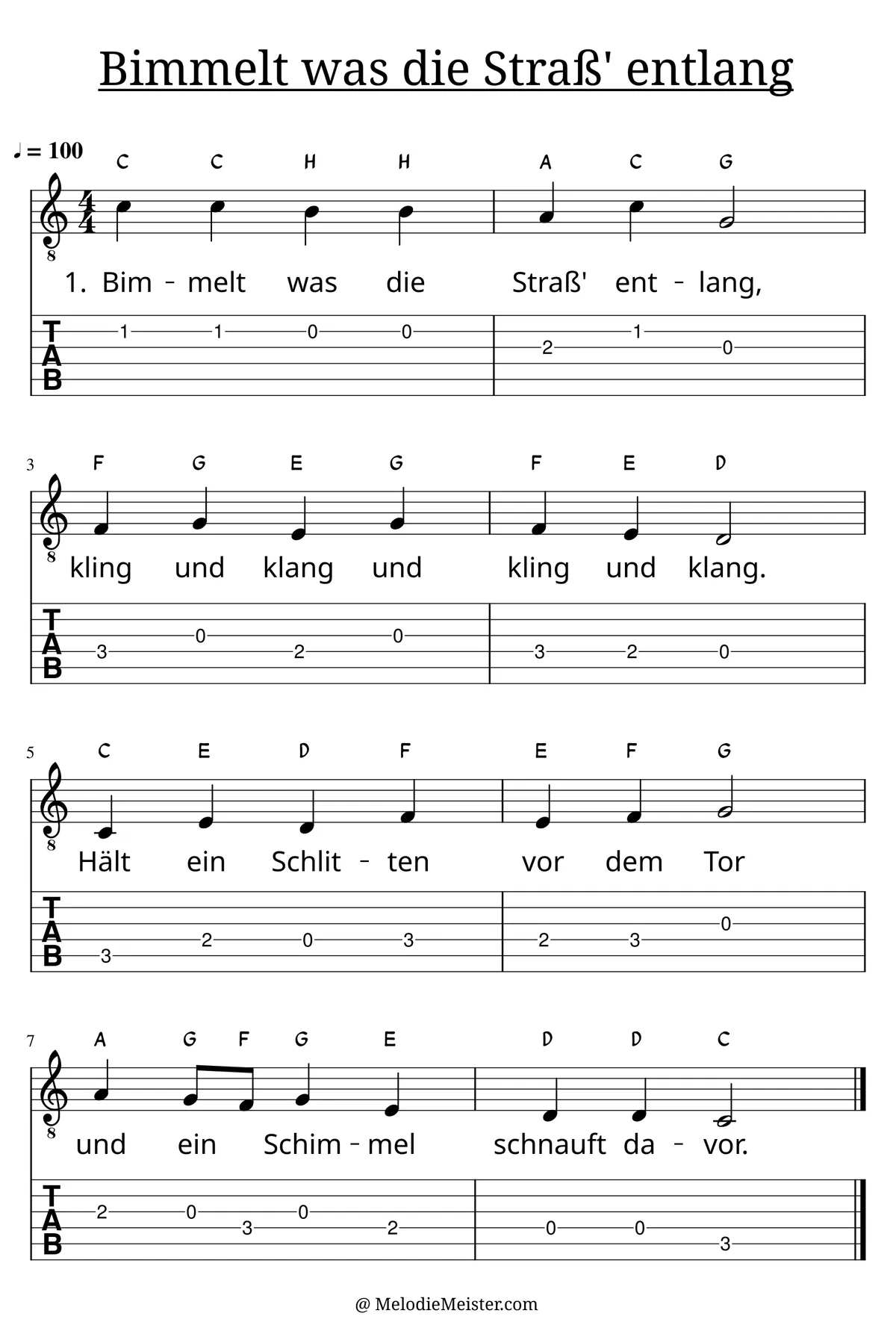 Bimmelt was die Straß‘ entlang – Noten für Gitarre mit Tabulatur und Text zum Weihnachtslied, geeignet für Anfänger