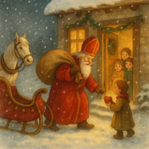 Ein fröhlicher Nikolaus steigt mit schwerem Sack aus einem klingelnden Schlitten, vor dem ein weißes Pferd schnauft, direkt vor einem verschneiten Haus. Kinder schauen gespannt zur Tür hinaus, während der Nikolaus durch den Schnee stapft. Die Szene ist winterlich, liebevoll und detailreich im Stil eines klassischen Kinderbuchs gemalt – mit Schlitten, Schnee, warmem Licht und festlicher Atmosphäre.