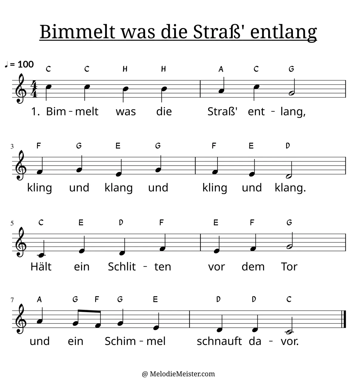 Notenblatt „Bimmelt was die Straß‘ entlang“. Einstimmige Melodie im Violinschlüssel, , , mit der 1. Strophe des Liedtextes.