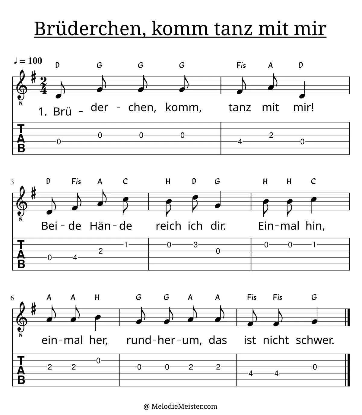Brüderchen, komm, tanz mit mir – Noten für Gitarre mit Tabulatur und Text zum Kinderlied, geeignet für Anfänger