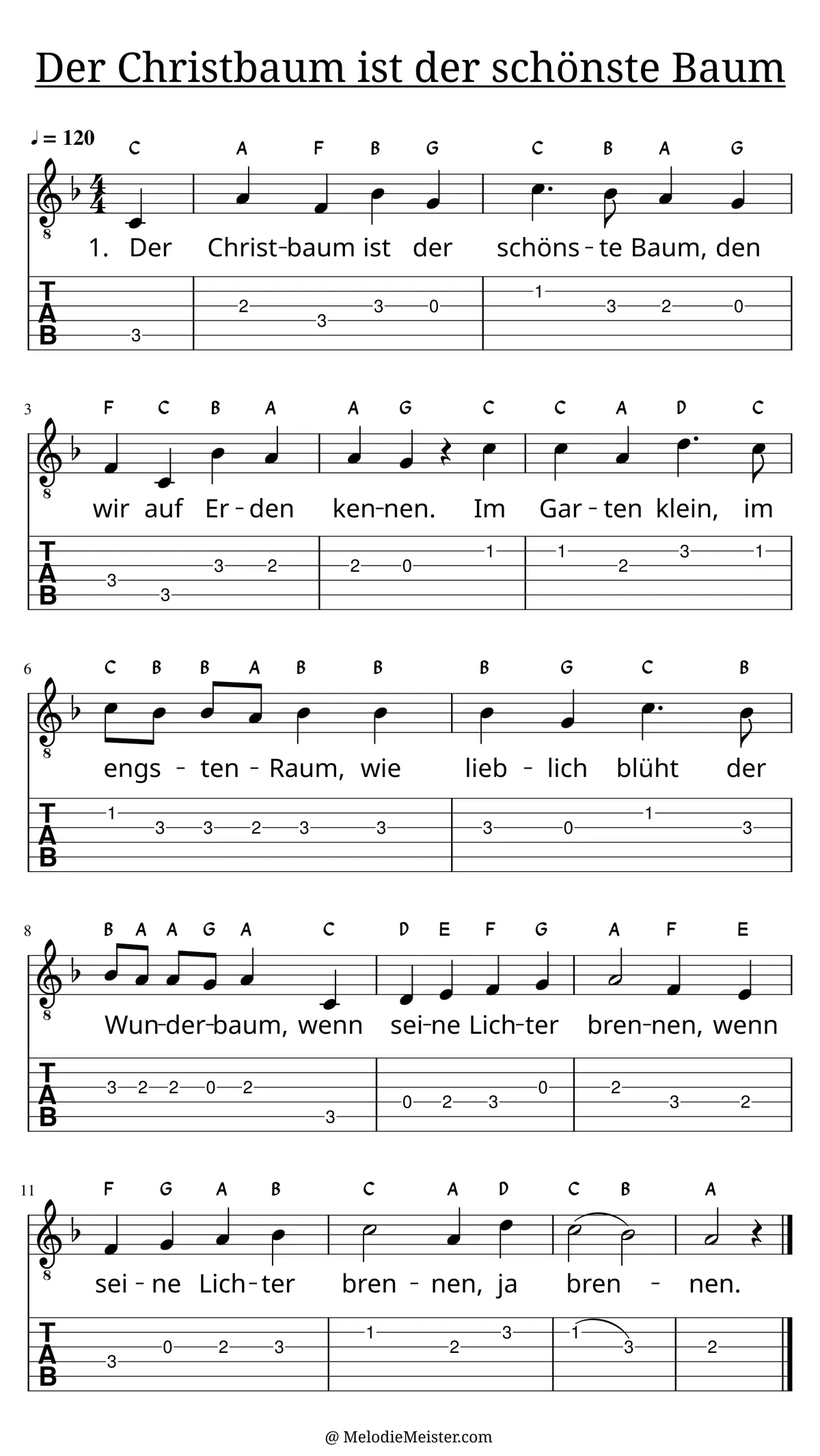 Der Christbaum ist der schönste Baum – Noten für Gitarre mit Tabulatur und Text zum Weihnachtslied, geeignet für Anfänger