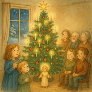 Weihnachtsillustration: Kinder und Familie bewundern einen festlich geschmückten Christbaum mit Kerzen und Kugeln im Wohnzimmer, draußen glitzert der Schnee, eine Engelsfigur oder das Jesuskind steht dezent am Baum – liebevoll im Stil eines klassischen Kinderbuchs gemalt.
