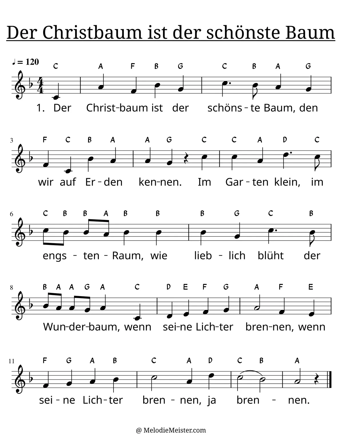 Notenblatt „Der Christbaum ist der schönste Baum“. Einstimmige Melodie im Violinschlüssel, , , mit der 1. Strophe des Liedtextes.