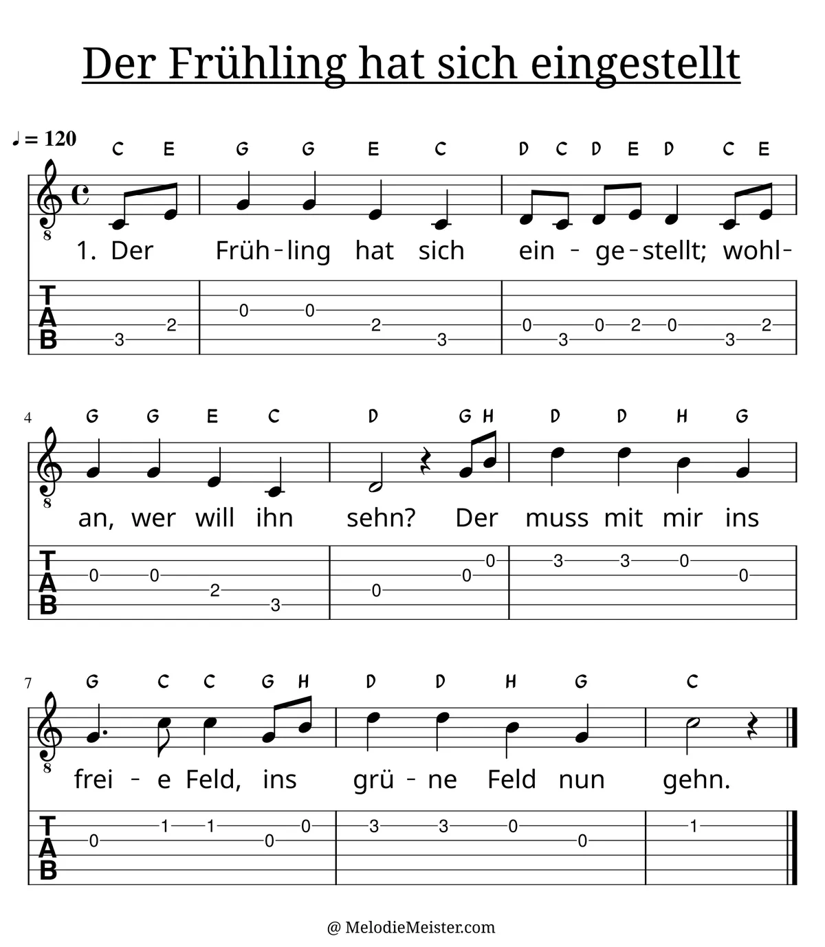 Der Frühling hat sich eingestellt – Noten für Gitarre mit Tabulatur und Text zum Frühlingslied, geeignet für Anfänger