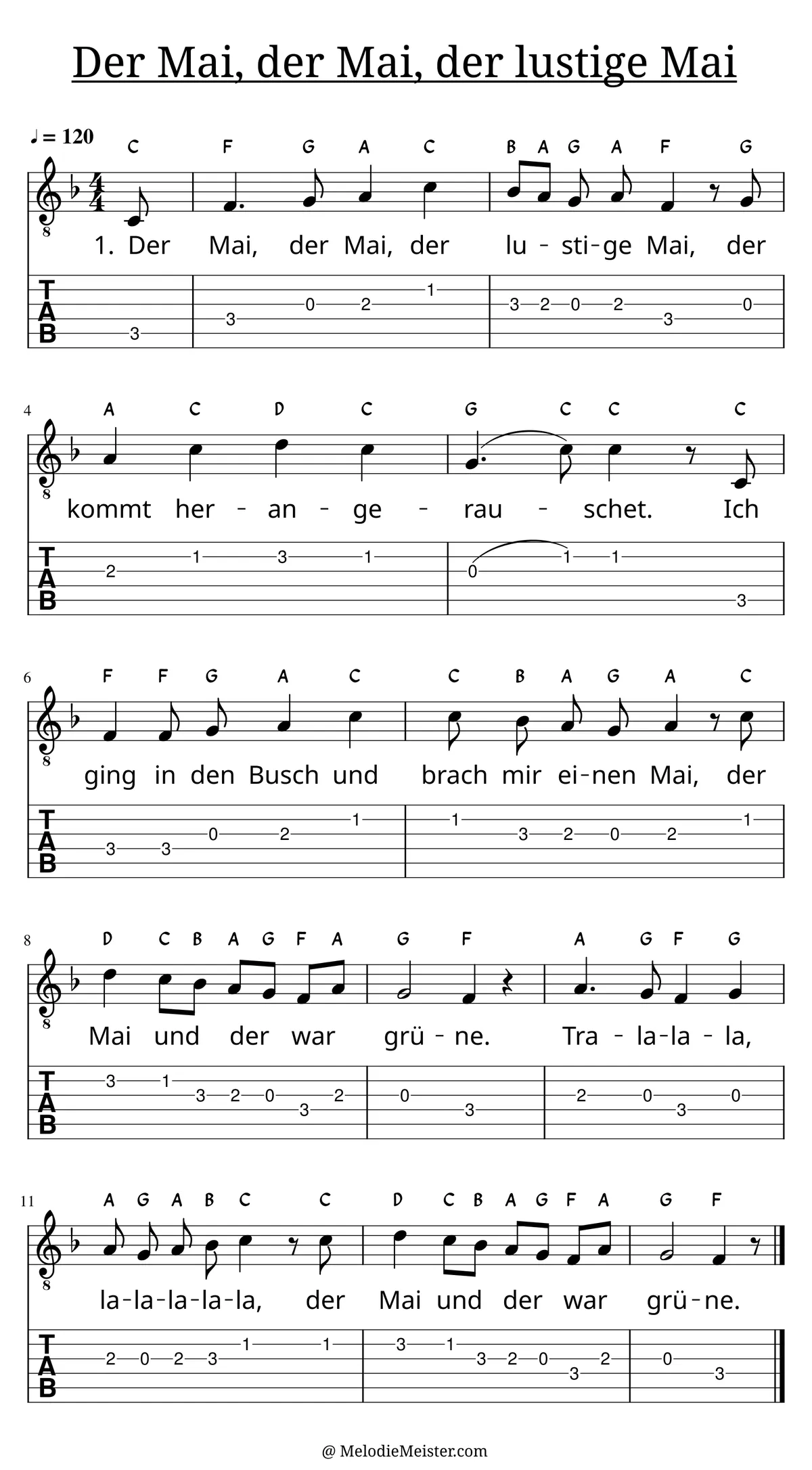 Der Mai, der Mai, der lustige Mai – Noten für Gitarre mit Tabulatur und Text zum Frühlingslied, geeignet für Anfänger