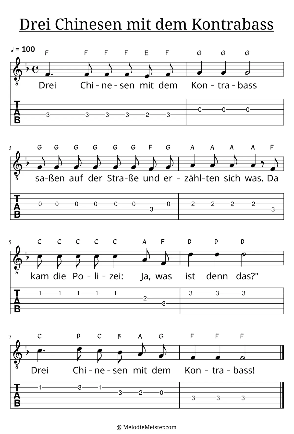 Drei Chinesen mit dem Kontrabass – Noten für Gitarre mit Tabulatur und Text zum Kinderlied, geeignet für Anfänger