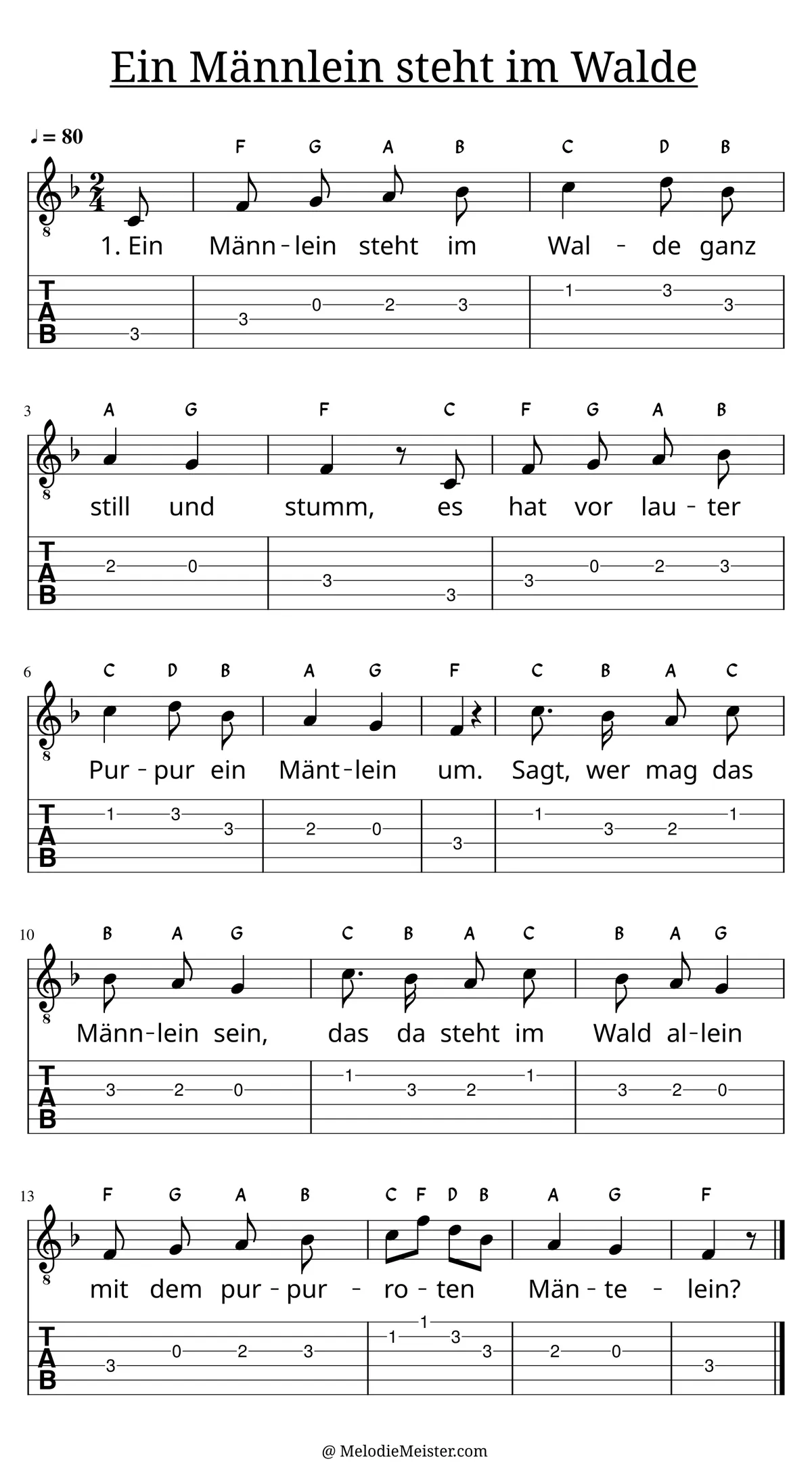 Ein Männlein steht im Walde – Noten für Gitarre mit Tabulatur und Text zum Kinderlied, geeignet für Anfänger