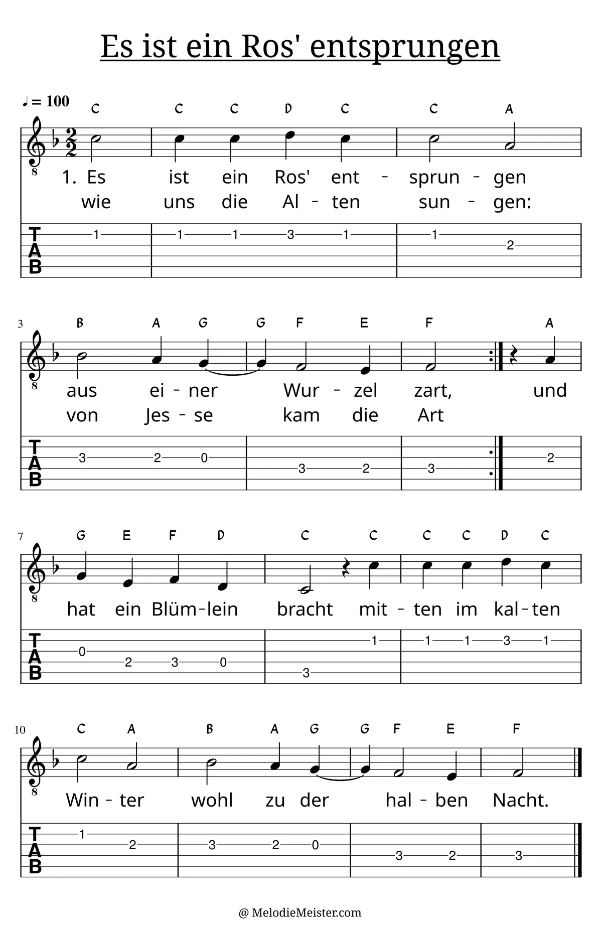Es ist ein Ros' entsprungen – Noten für Gitarre mit Tabulatur und Text zum Weihnachtslieder Adventslied, geeignet für Anfänger