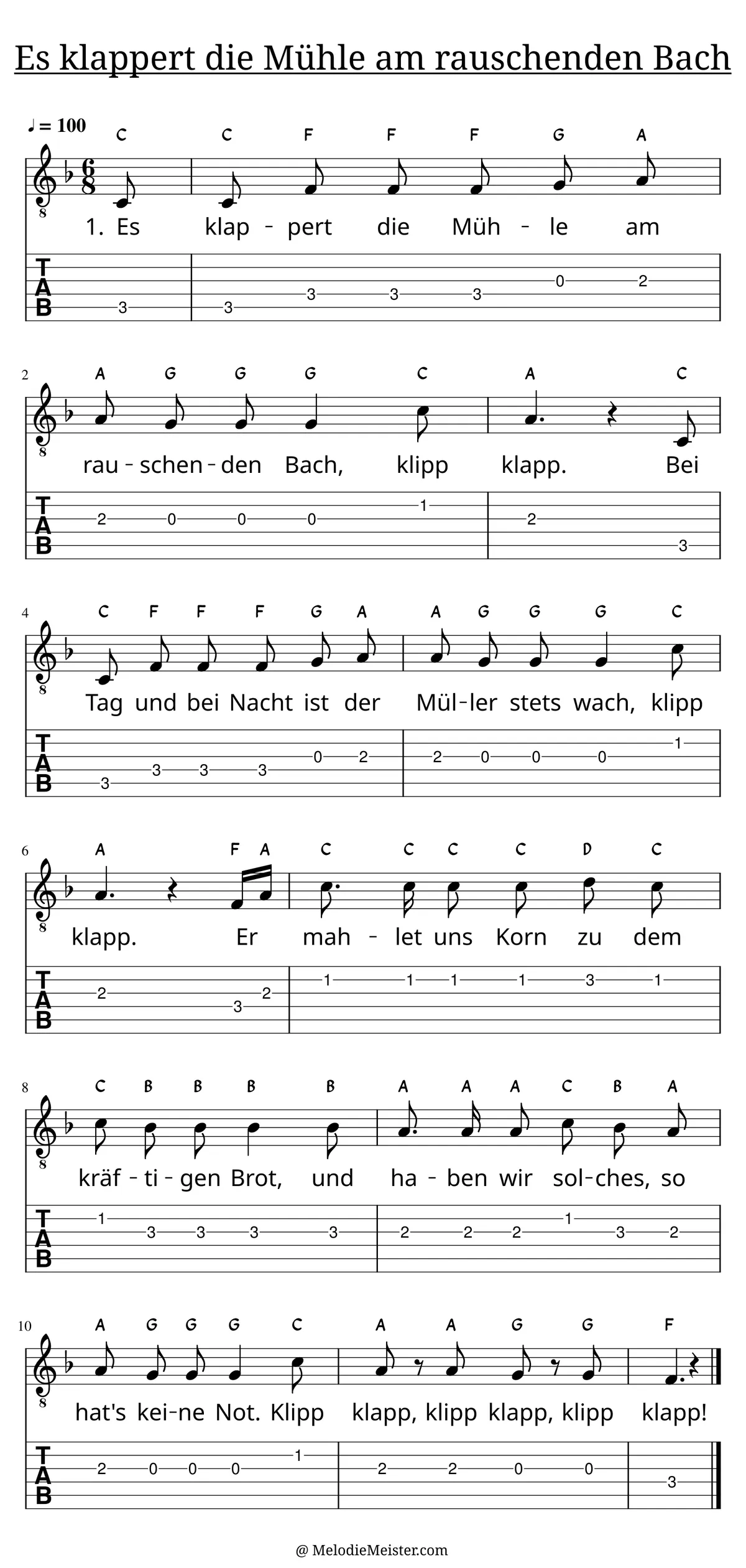 Es klappert die Mühle am rauschenden Bach – Noten für Gitarre mit Tabulatur und Text zum Kinderlied, geeignet für Anfänger