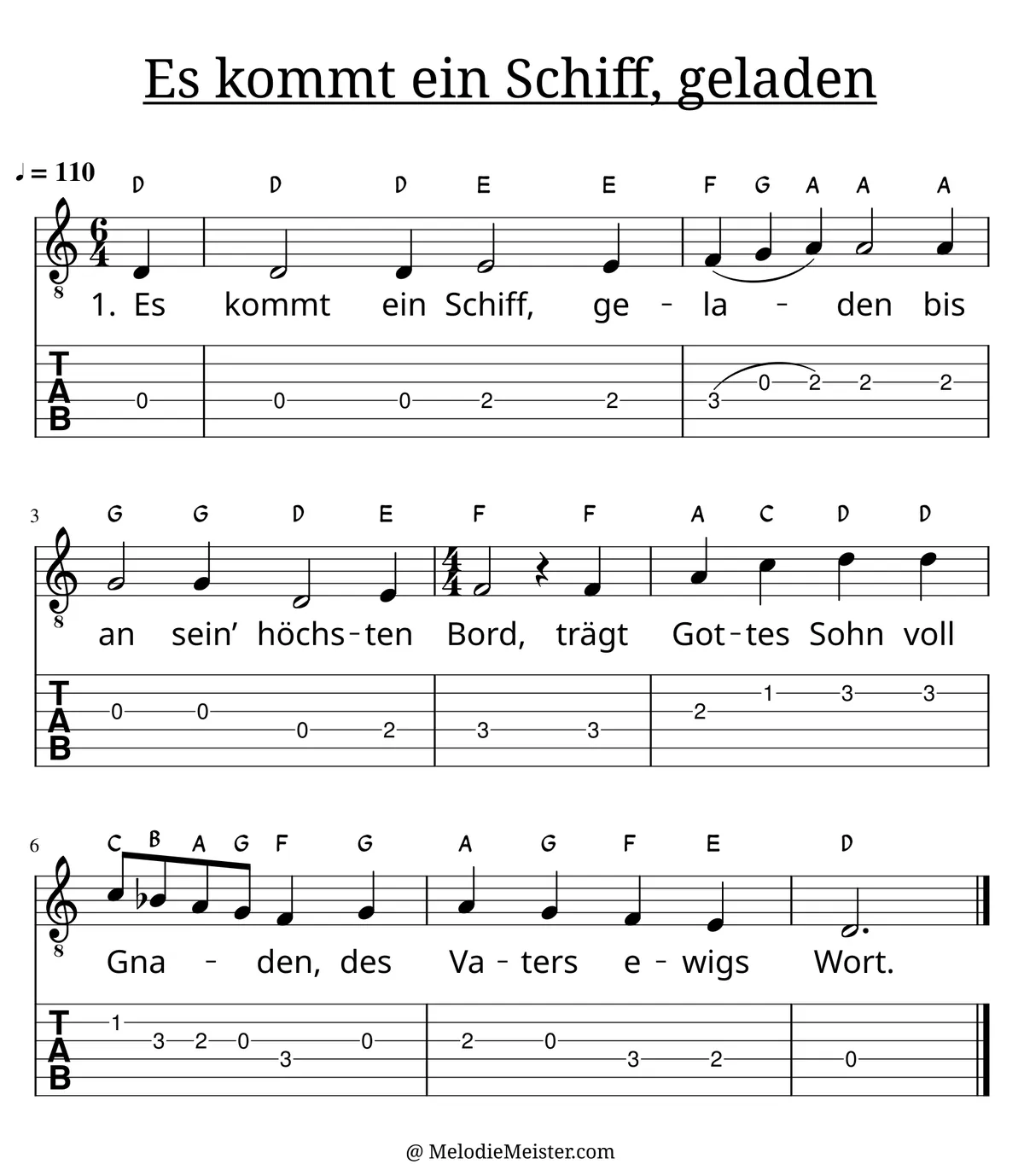 Es kommt ein Schiff, geladen – Noten für Gitarre mit Tabulatur und Text zum Weihnachtslieder Adventslied, geeignet für Anfänger