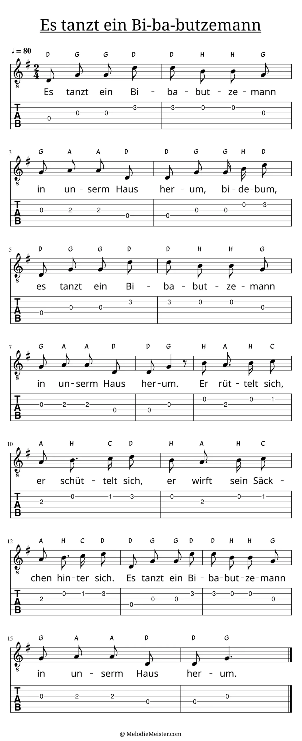 Es tanzt ein Bi-ba-butzemann – Noten für Gitarre mit Tabulatur und Text zum Kinderlied, geeignet für Anfänger