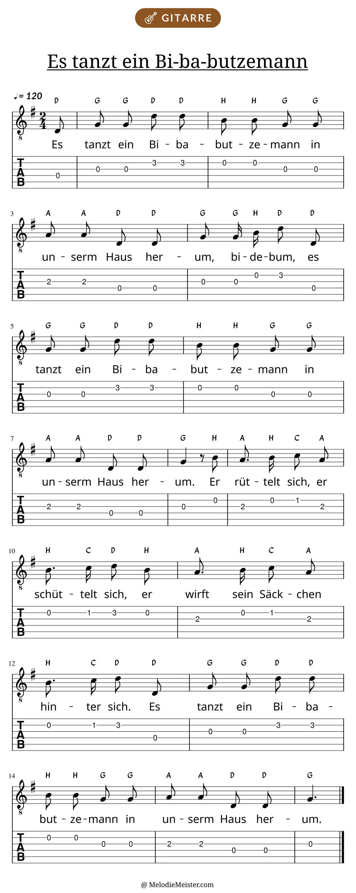 Notenblatt „Es tanzt ein Bi-ba-butzemann“ für Gitarre: Melodie mit Buchstaben über den Noten, darunter der Liedtext und die Gitarren-Tabulatur mit Bundzahlen.