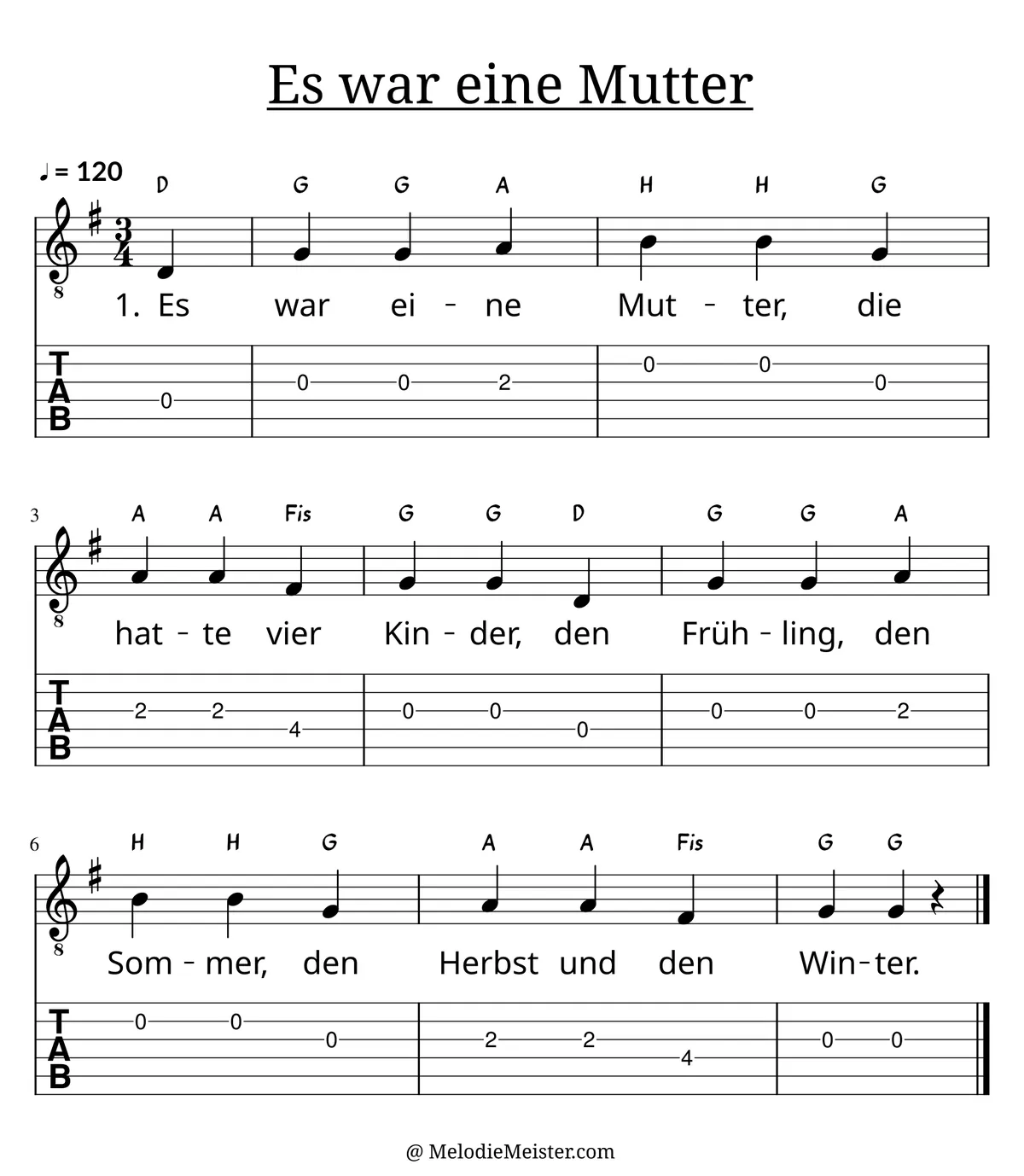 Es war eine Mutter die hatte vier Kinder – Noten für Gitarre mit Tabulatur und Text zum Kinderlied, geeignet für Anfänger