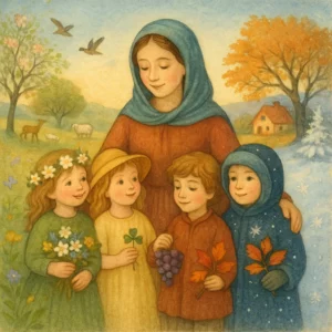 Illustration zu „Es war eine Mutter die hatte vier Kinder“: Eine Mutter steht mit vier kindlichen Jahreszeiten-Figuren (Frühling mit Blumen, Sommer mit Klee, Herbst mit Trauben, Winter mit Schnee) in einer detailreichen Landschaft, die alle vier Jahreszeiten zeigt.