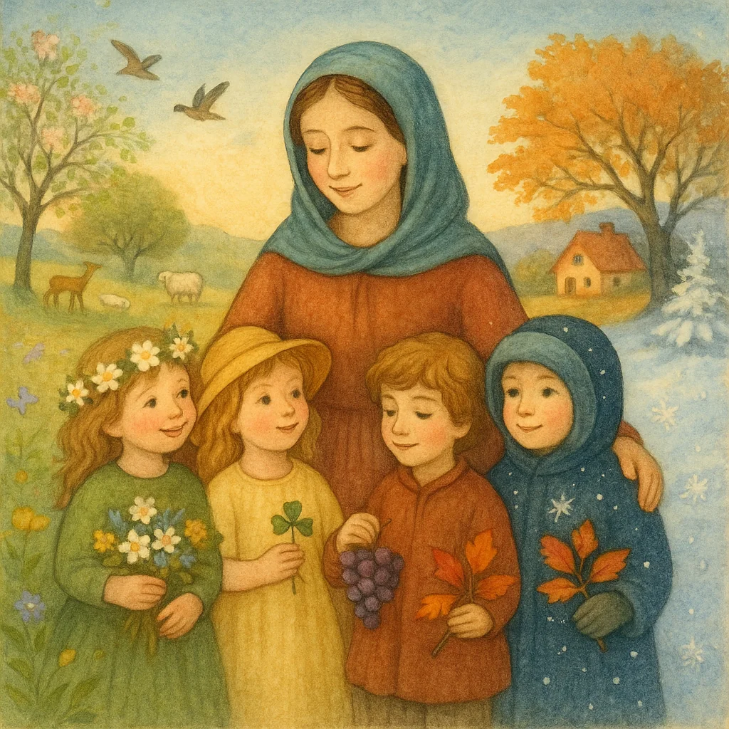 Illustration zu „Es war eine Mutter die hatte vier Kinder“: Eine Mutter steht mit vier kindlichen Jahreszeiten-Figuren (Frühling mit Blumen, Sommer mit Klee, Herbst mit Trauben, Winter mit Schnee) in einer detailreichen Landschaft, die alle vier Jahreszeiten zeigt.