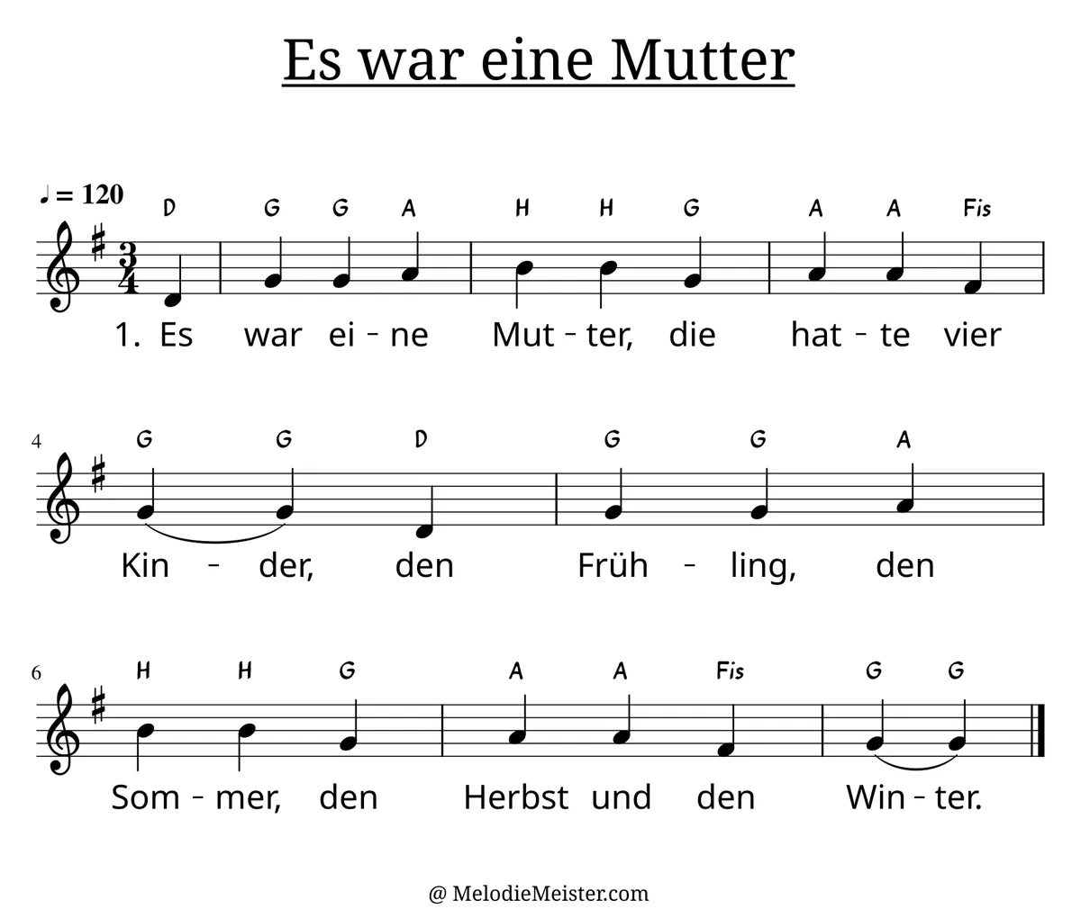Notenblatt „Es war eine Mutter die hatte vier Kinder“. Einstimmige Melodie im Violinschlüssel, G-Dur, 3/4-Takt, mit der 1. Strophe des Liedtextes.