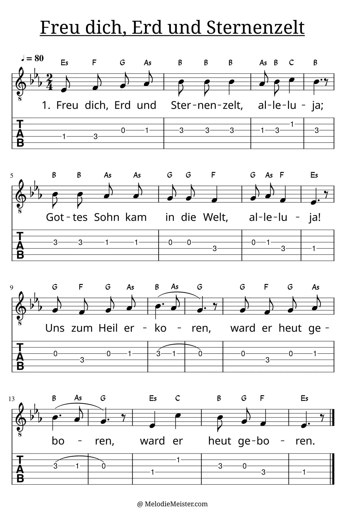 Freu dich, Erd und Sternenzelt – Noten für Gitarre mit Tabulatur und Text zum Weihnachtslied, geeignet für Anfänger