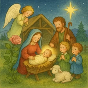 Krippenszene mit Maria, Josef und dem Jesuskind im Stall, begleitet von einem Engel, zwei betenden Kindern, einem Lamm und einer blühenden Rose – liebevoll im Stil eines klassischen Bilderbuchs illustriert.