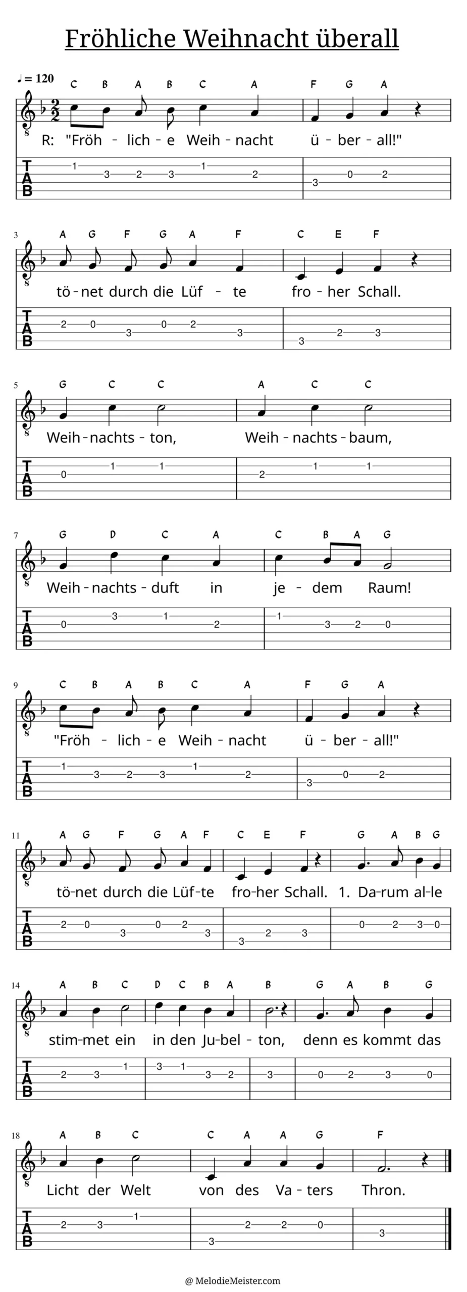 Fröhliche Weihnacht überall – Noten für Gitarre mit Tabulatur und Text zum Weihnachtslieder Adventslied, geeignet für Anfänger