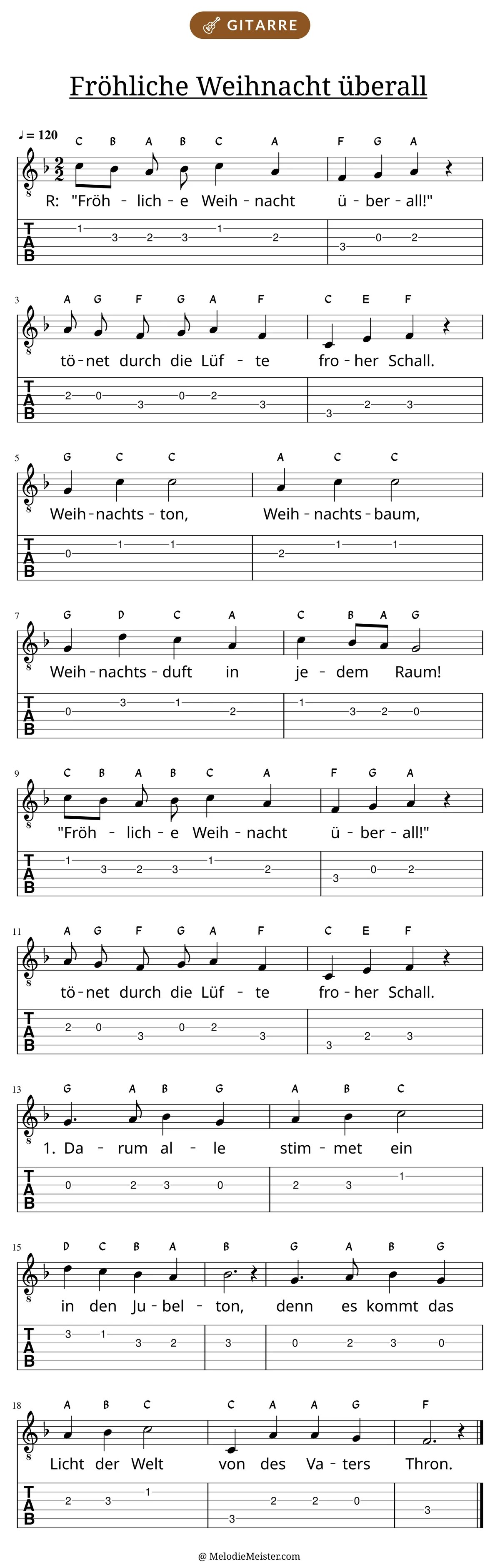 Notenblatt „Fröhliche Weihnacht überall“ für Gitarre: Melodie mit Buchstaben über den Noten, darunter der Liedtext der 1. Strophe und die Gitarren-Tabulatur mit Bundzahlen.