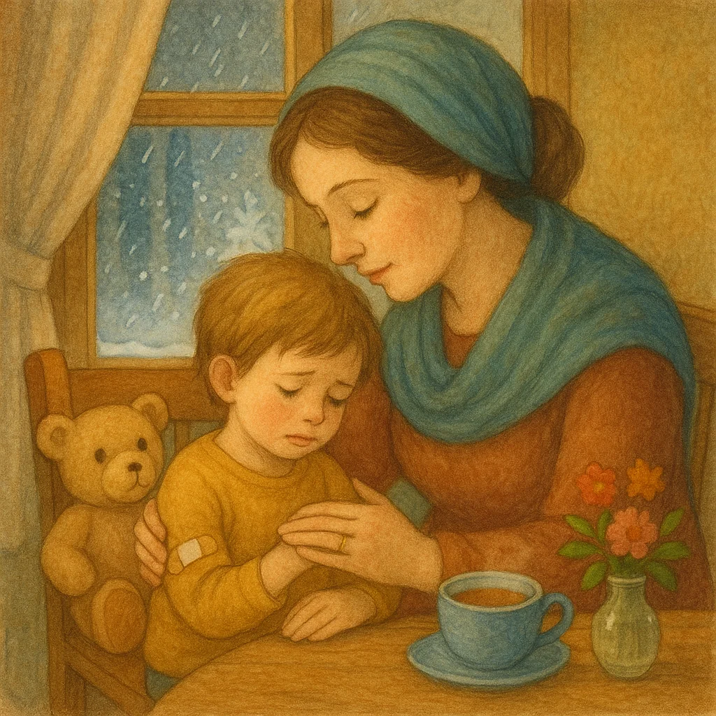 Illustration zu „Heile, heile Segen“: Eine Mutter oder Großmutter tröstet ein Kind in einer gemütlichen Stube, draußen ist Regen und Schnee zu sehen. Die Szene strahlt Geborgenheit und Trost aus.