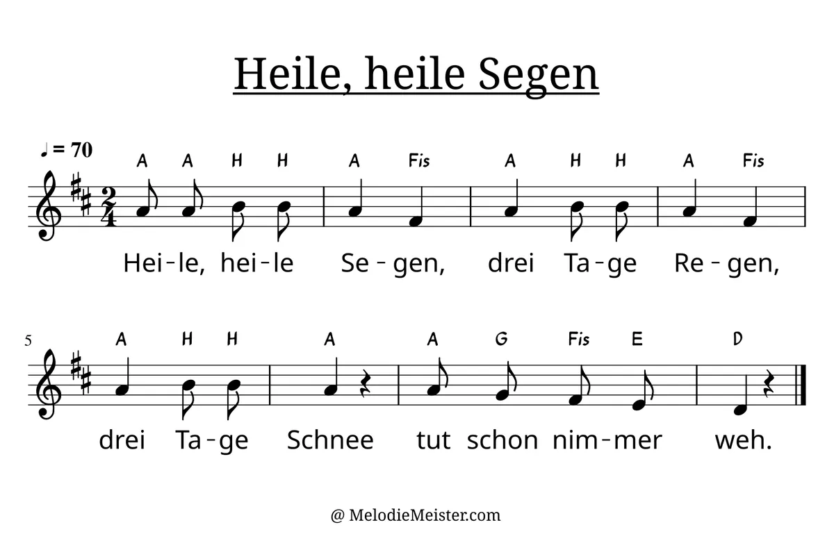 Notenblatt „Heile, heile Segen“. Einstimmige Melodie im Violinschlüssel, D-Dur, 2/4-Takt, mit der 1. Strophe des Liedtextes.
