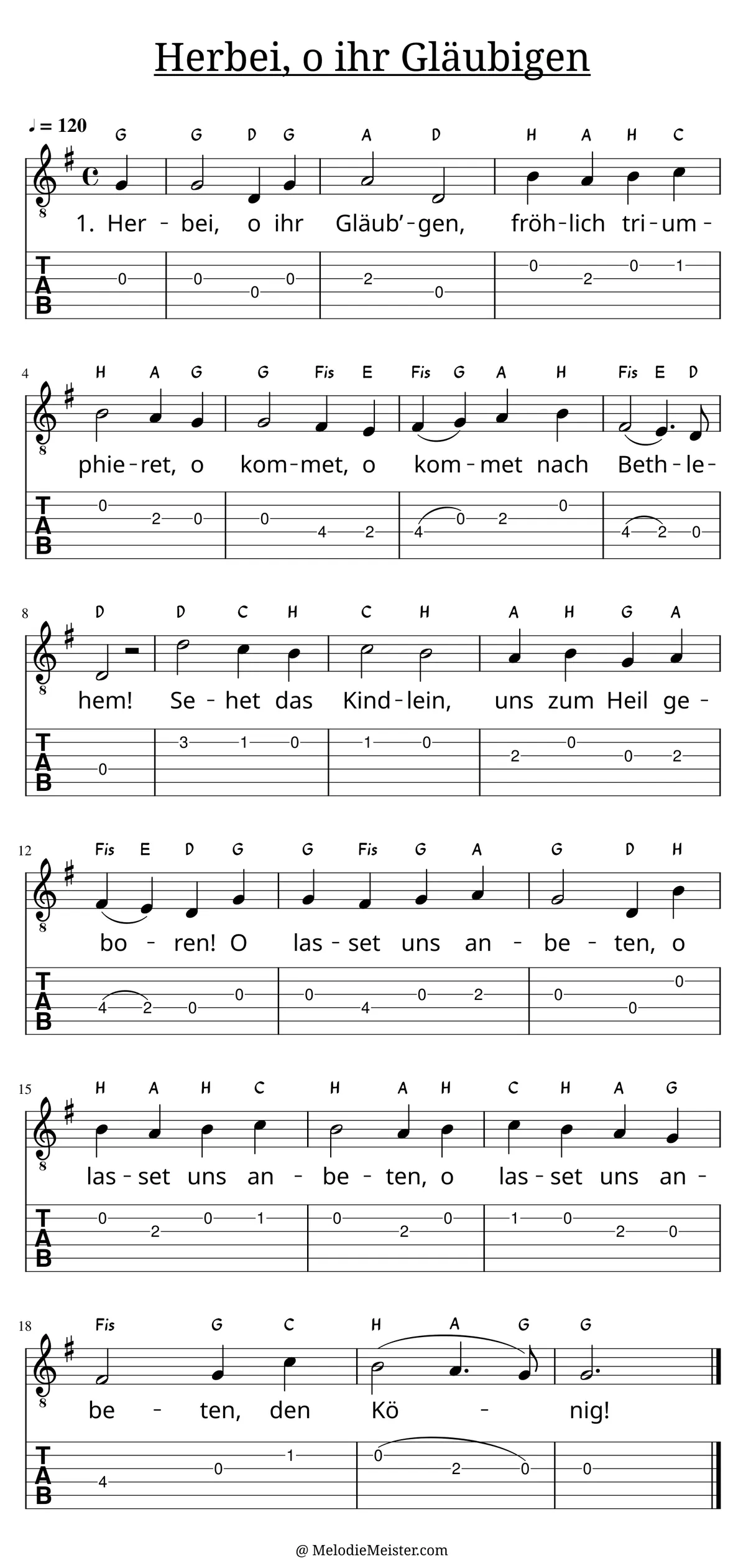 Herbei, o ihr Gläubigen – Noten für Gitarre mit Tabulatur und Text zum Weihnachtslieder Adventslied, geeignet für Anfänger