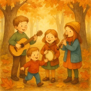 Vier Kinder spielen Gitarre, Tamburin und Flöte im bunten Herbstwald – liebevoll illustriert im Stil eines klassischen Bilderbuchs