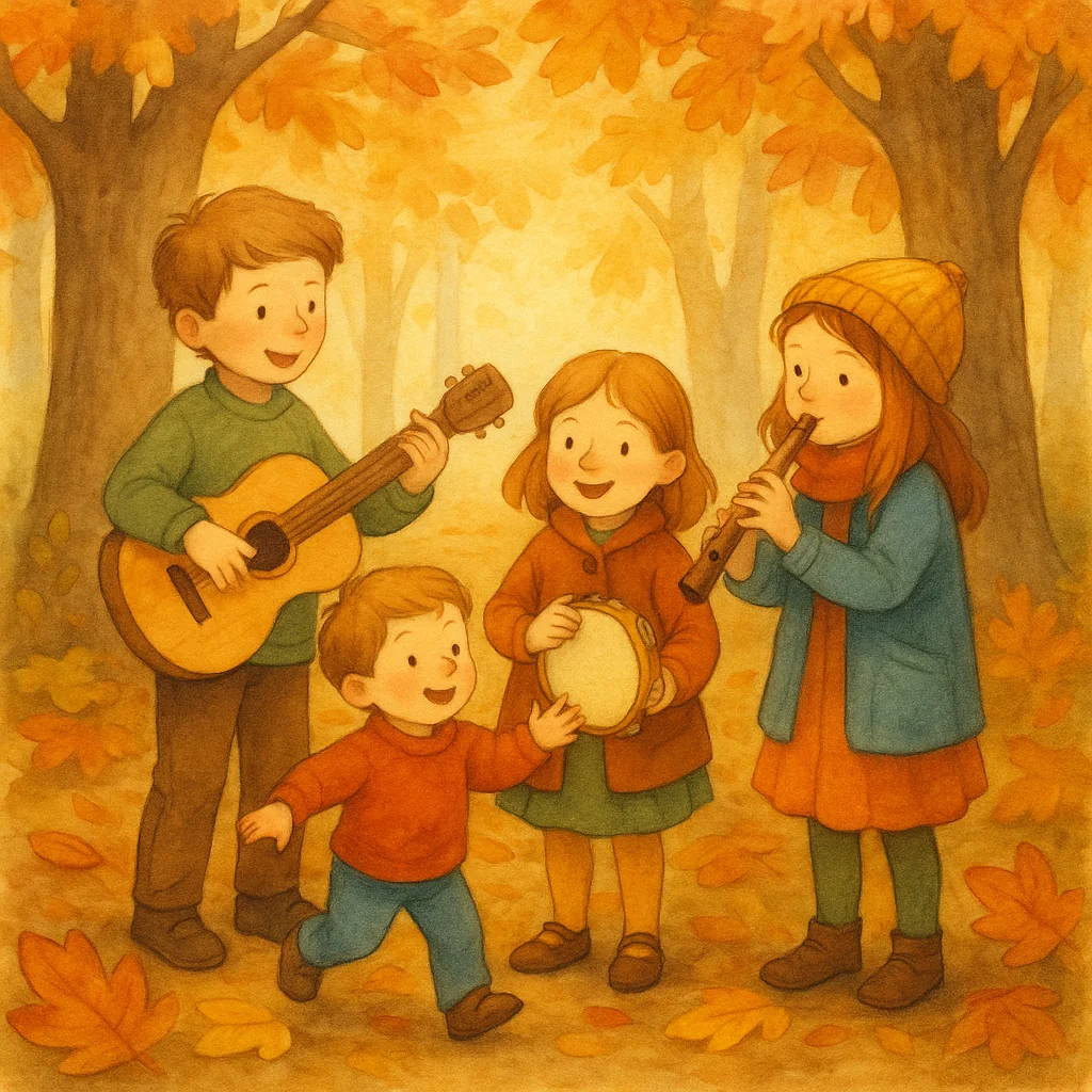 Vier Kinder spielen Gitarre, Tamburin und Flöte im bunten Herbstwald – liebevoll illustriert im Stil eines klassischen Bilderbuchs