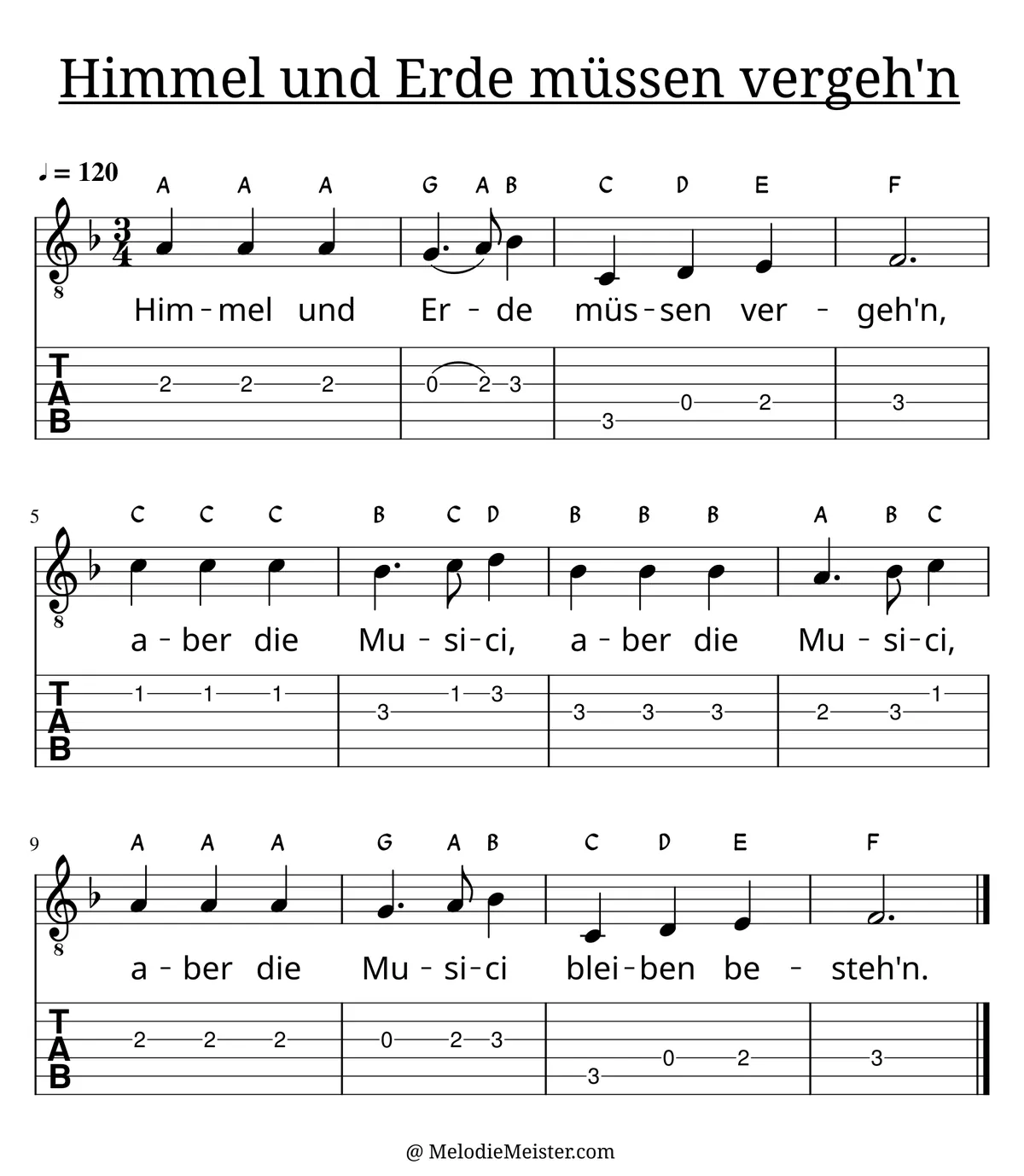 Himmel und Erde müssen vergeh‘n (Kanon) – Noten für Gitarre mit Tabulatur und Text zum Kanons, geeignet für Anfänger