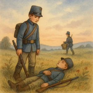 Zwei junge Soldaten in historischer Uniform marschieren Seite an Seite, begleitet vom sanften Licht eines frühen Morgens. Plötzlich fällt einer von ihnen im Feld, während der andere traurig stehen bleibt und sich nach seinem Kameraden umblickt. Die Szene ist im Stil eines klassischen Kinderbuchs liebevoll, aber mit würdevoller Ernsthaftigkeit gezeichnet – ruhige Farben, ein weiter Himmel und ein Hauch von Melancholie.