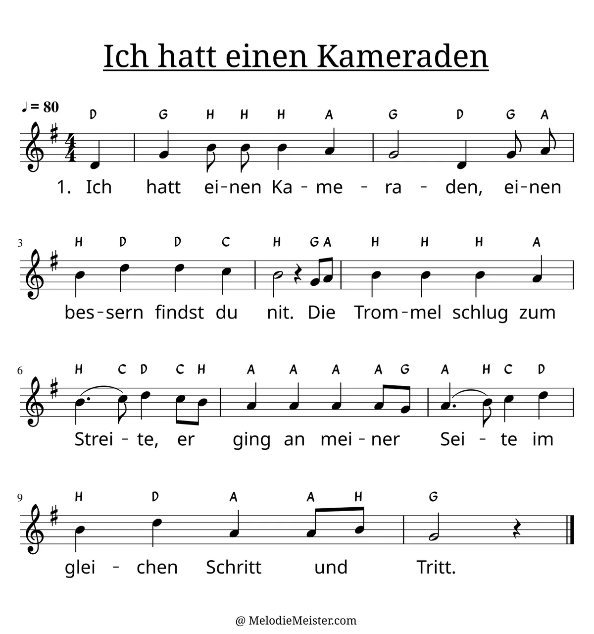 Notenblatt „Ich hatt einen Kameraden“. Einstimmige Melodie im Violinschlüssel, G-Dur, 4/4-Takt, mit der 1. Strophe des Liedtextes.