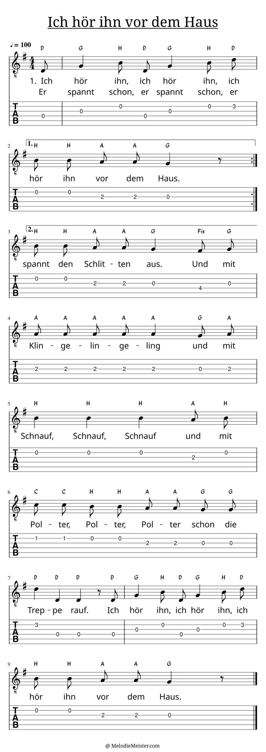 Ich hör ihn vor dem Haus – Noten für Gitarre mit Tabulatur und Text zum Weihnachtslied, geeignet für Anfänger