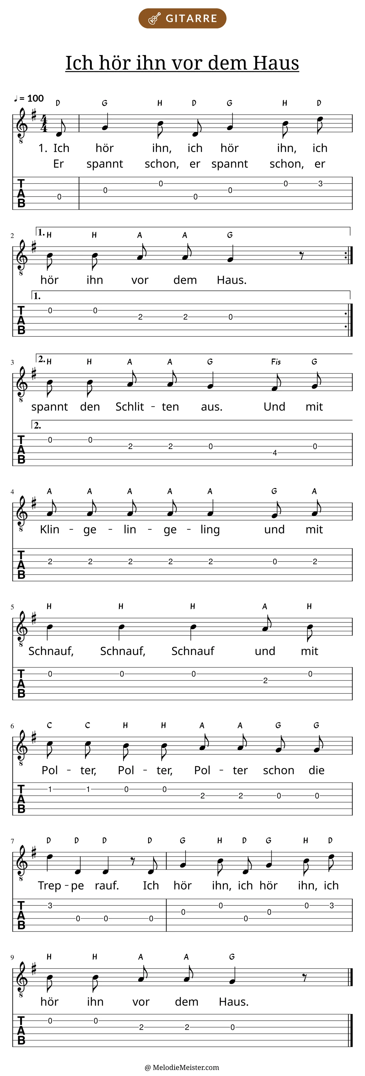 Notenblatt „Ich hör ihn vor dem Haus“ für Gitarre: Melodie mit Buchstaben über den Noten, darunter der Liedtext der ersten beiden Strophen und die Gitarren-Tabulatur mit Bundzahlen.