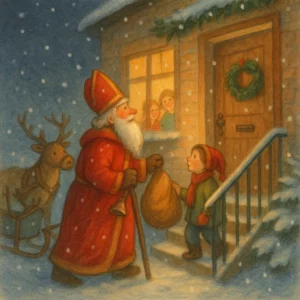 Draußen im Schneegestöber hält ein fröhlicher Sankt Nikolaus vor einem festlich beleuchteten Haus. Sein Schlitten steht bereit, daneben warten ein oder zwei Rentiere. Nikolaus steigt gerade mit einem großen Sack und klingelnden Glöckchen die verschneite Treppe zum Haus hinauf. Durch die Fenster sieht man warmes Licht und gespannte Kinder. Die Szene ist winterlich, detailreich und freundlich im Stil eines klassischen Kinderbuchs gemalt.