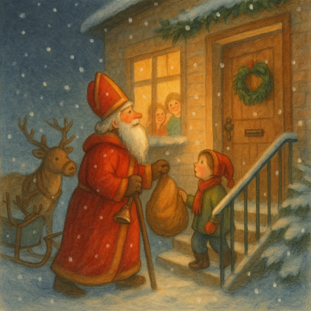 Draußen im Schneegestöber hält ein fröhlicher Sankt Nikolaus vor einem festlich beleuchteten Haus. Sein Schlitten steht bereit, daneben warten ein oder zwei Rentiere. Nikolaus steigt gerade mit einem großen Sack und klingelnden Glöckchen die verschneite Treppe zum Haus hinauf. Durch die Fenster sieht man warmes Licht und gespannte Kinder. Die Szene ist winterlich, detailreich und freundlich im Stil eines klassischen Kinderbuchs gemalt.