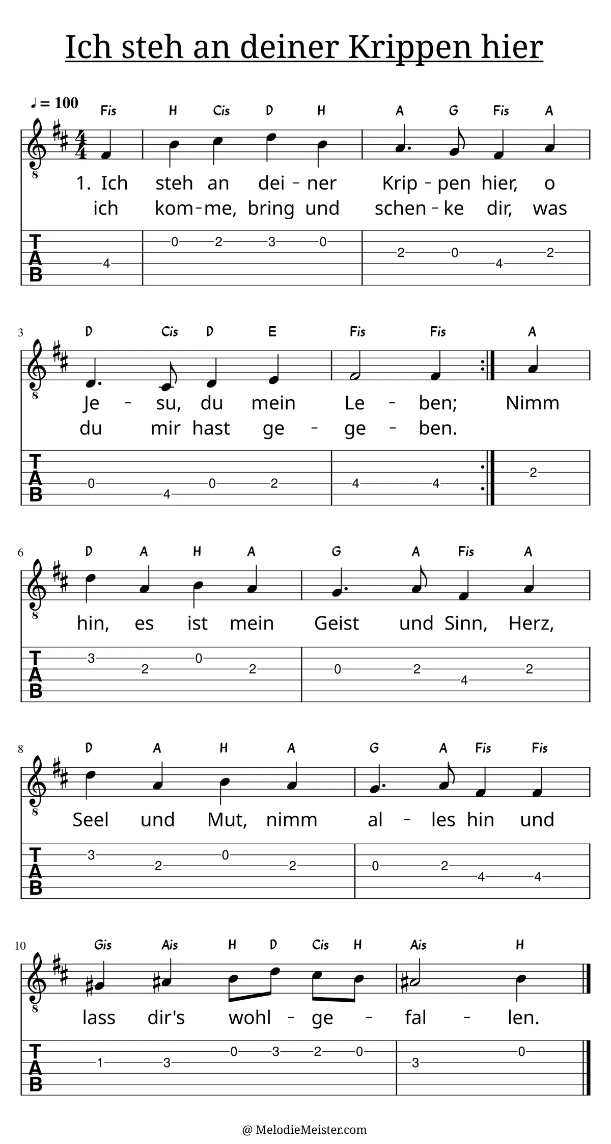 Ich steh an deiner Krippen hier – Noten für Gitarre mit Tabulatur und Text zum Weihnachtslieder Adventslied, geeignet für Anfänger