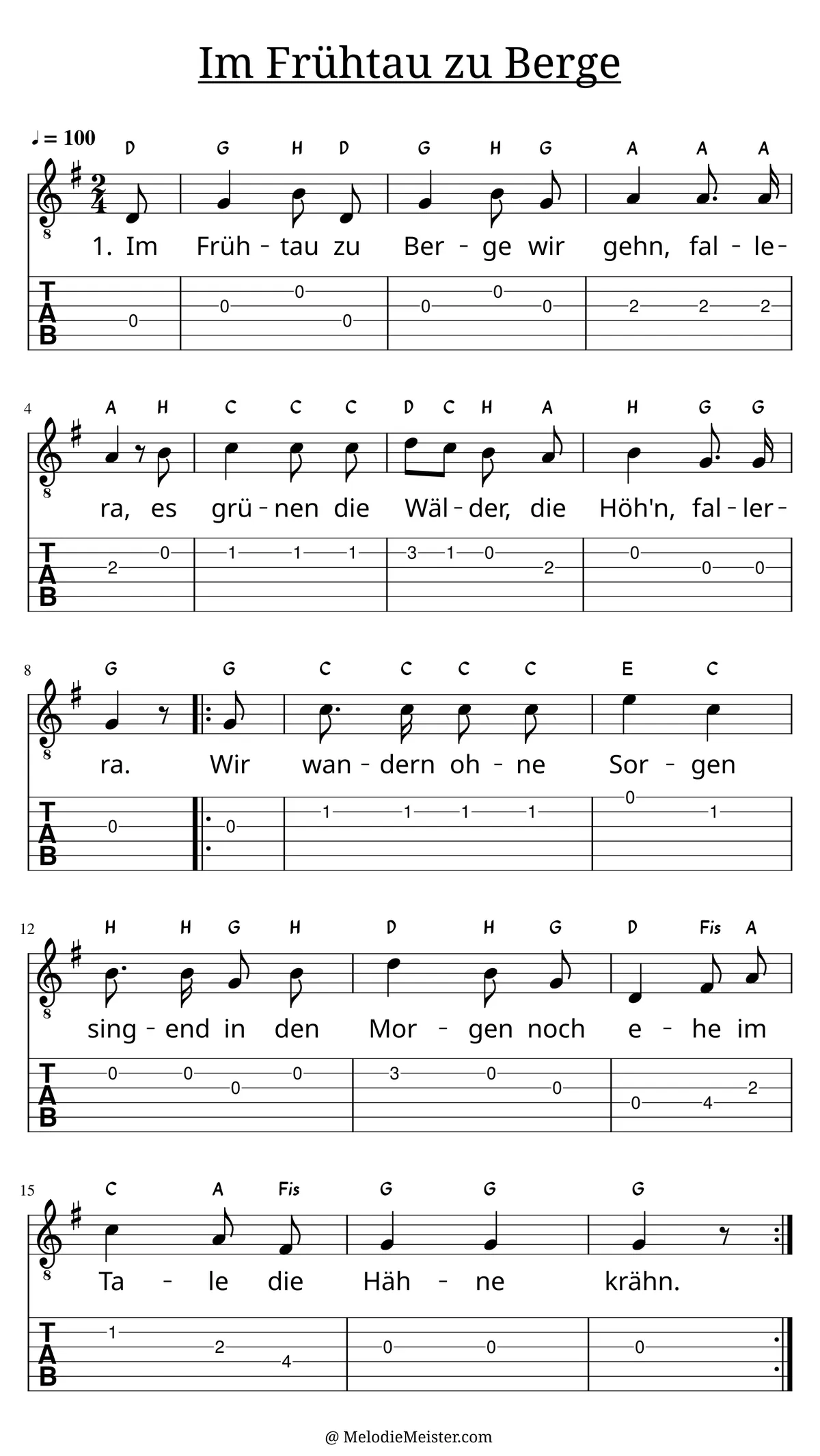 Im Frühtau zu Berge – Noten für Gitarre mit Tabulatur und Text zum Volkslied, geeignet für Anfänger