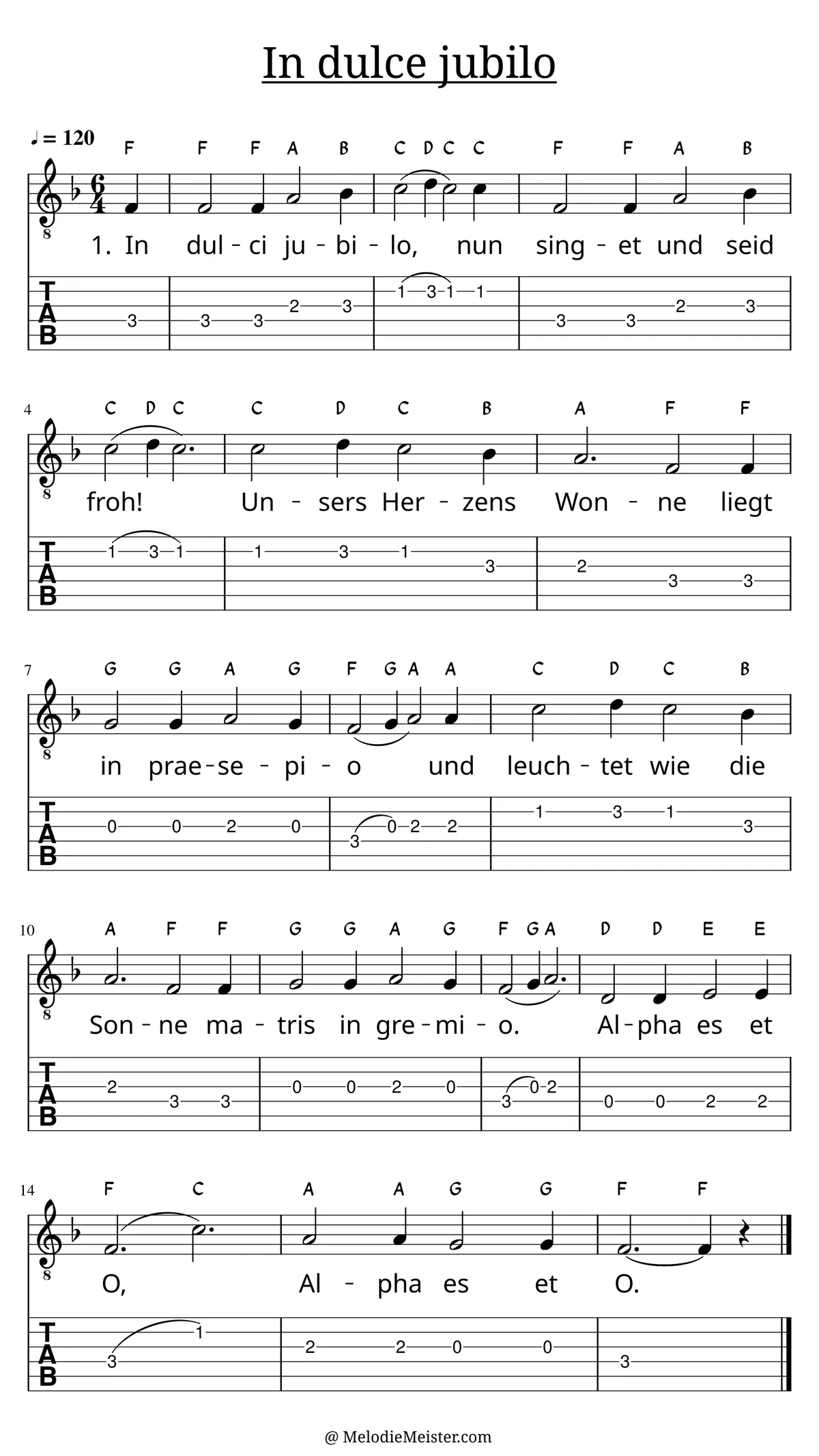 In dulci jubilo – Noten für Gitarre mit Tabulatur und Text zum Weihnachtslieder Adventslied, geeignet für Anfänger