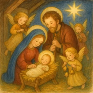 Eine festliche, warme Szene in einer alten Krippe: Das Jesuskind liegt in der Krippe und strahlt wie eine kleine Sonne. Maria hält es liebevoll im Arm, Josef steht daneben. Engel singen und spielen Instrumente, kleine Glöckchen klingen. Über allem leuchtet ein Stern. Die Szene ist weich, detailreich und märchenhaft im Stil eines klassischen Weihnachtsbilderbuchs – mit freundlichen Farben und festlicher Atmosphäre.