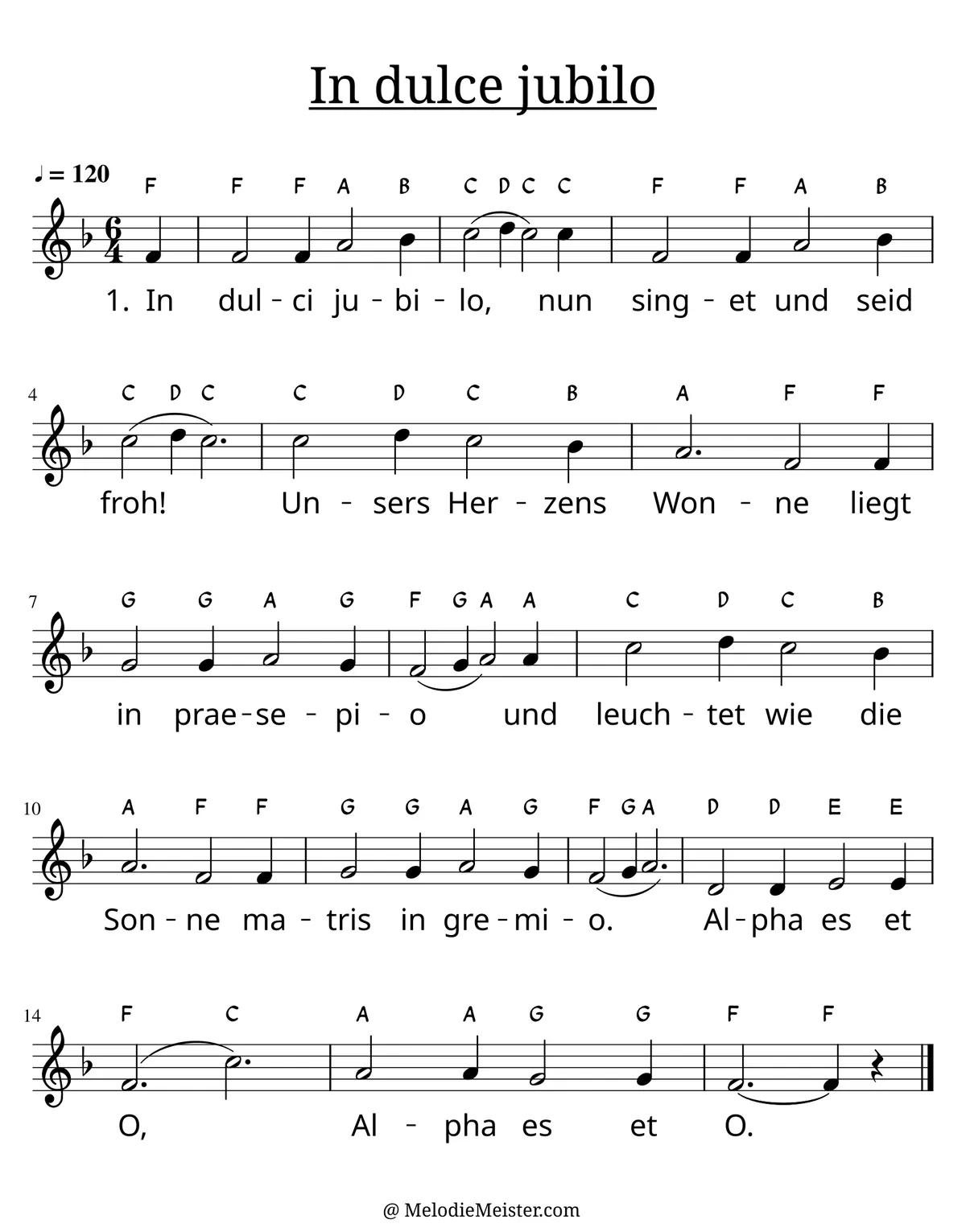 Notenblatt „In dulci jubilo“. Einstimmige Melodie im Violinschlüssel, , , mit der 1. Strophe des Liedtextes.