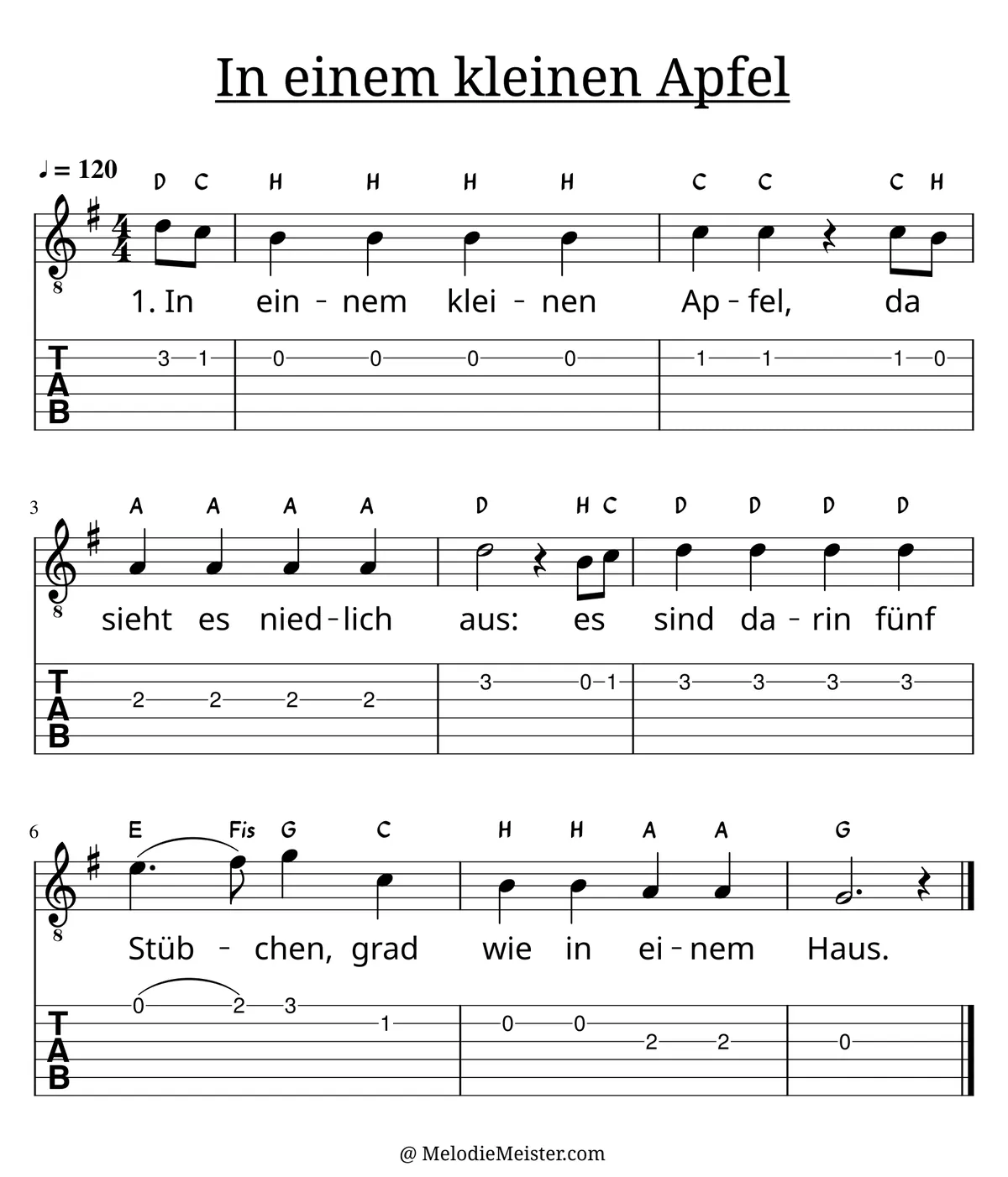 In meinem kleinen Apfel – Noten für Gitarre mit Tabulatur und Text zum Kinderlied, geeignet für Anfänger