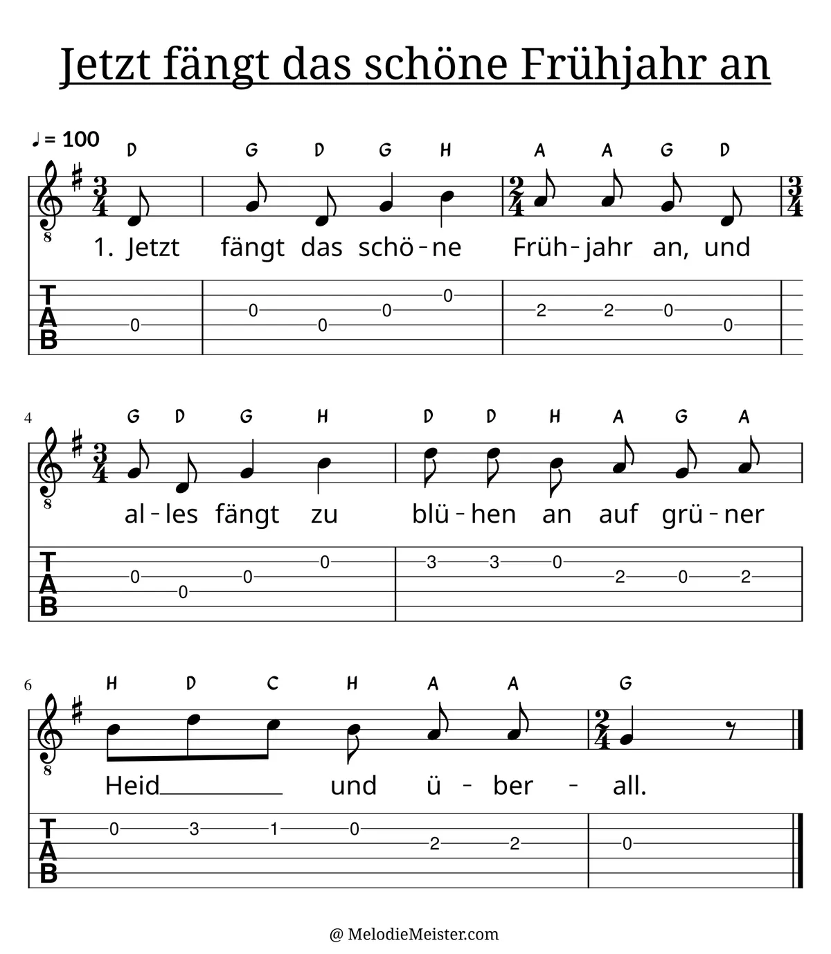 Jetzt fängt das schöne Frühjahr an – Noten für Gitarre mit Tabulatur und Text zum Frühlingslied, geeignet für Anfänger