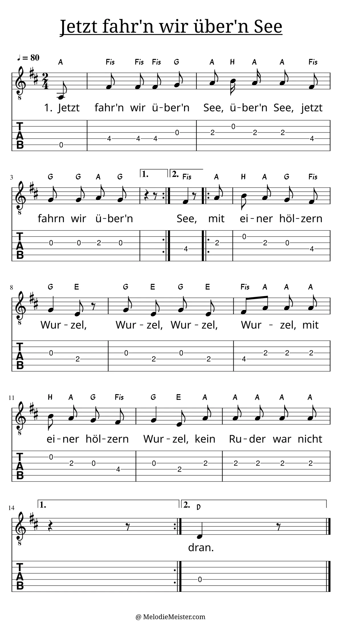 Jetzt fahr'n wir über'n See – Noten für Gitarre mit Tabulatur und Text zum Volkslied, geeignet für Anfänger