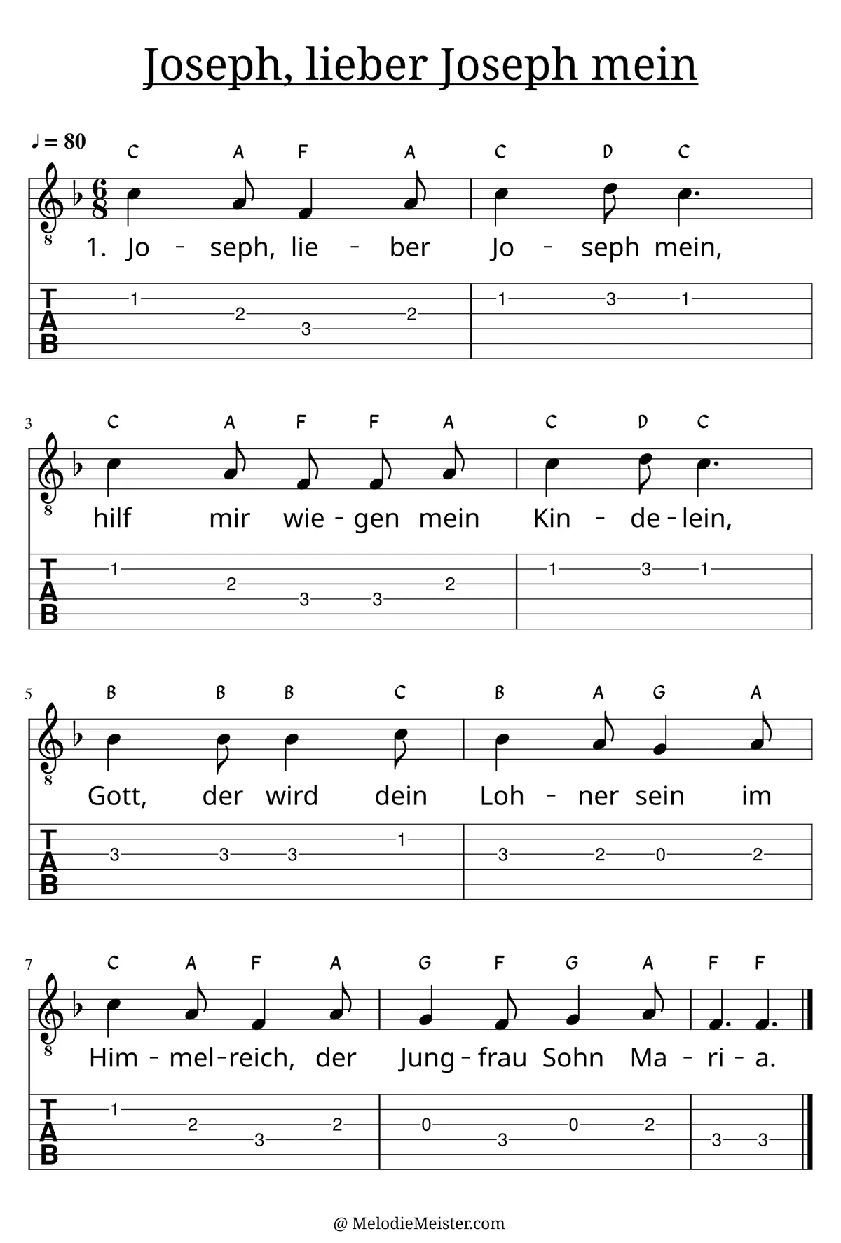 Joseph, lieber Joseph mein – Noten für Gitarre mit Tabulatur und Text zum Weihnachtslied, geeignet für Anfänger