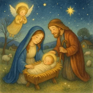 Maria und Josef beugen sich liebevoll über das neugeborene Jesuskind in der Krippe. Ein Engel schwebt über ihnen, während am Himmel ein heller Stern leuchtet. Im Hintergrund weiden Schafe auf einer friedlichen nächtlichen Landschaft.