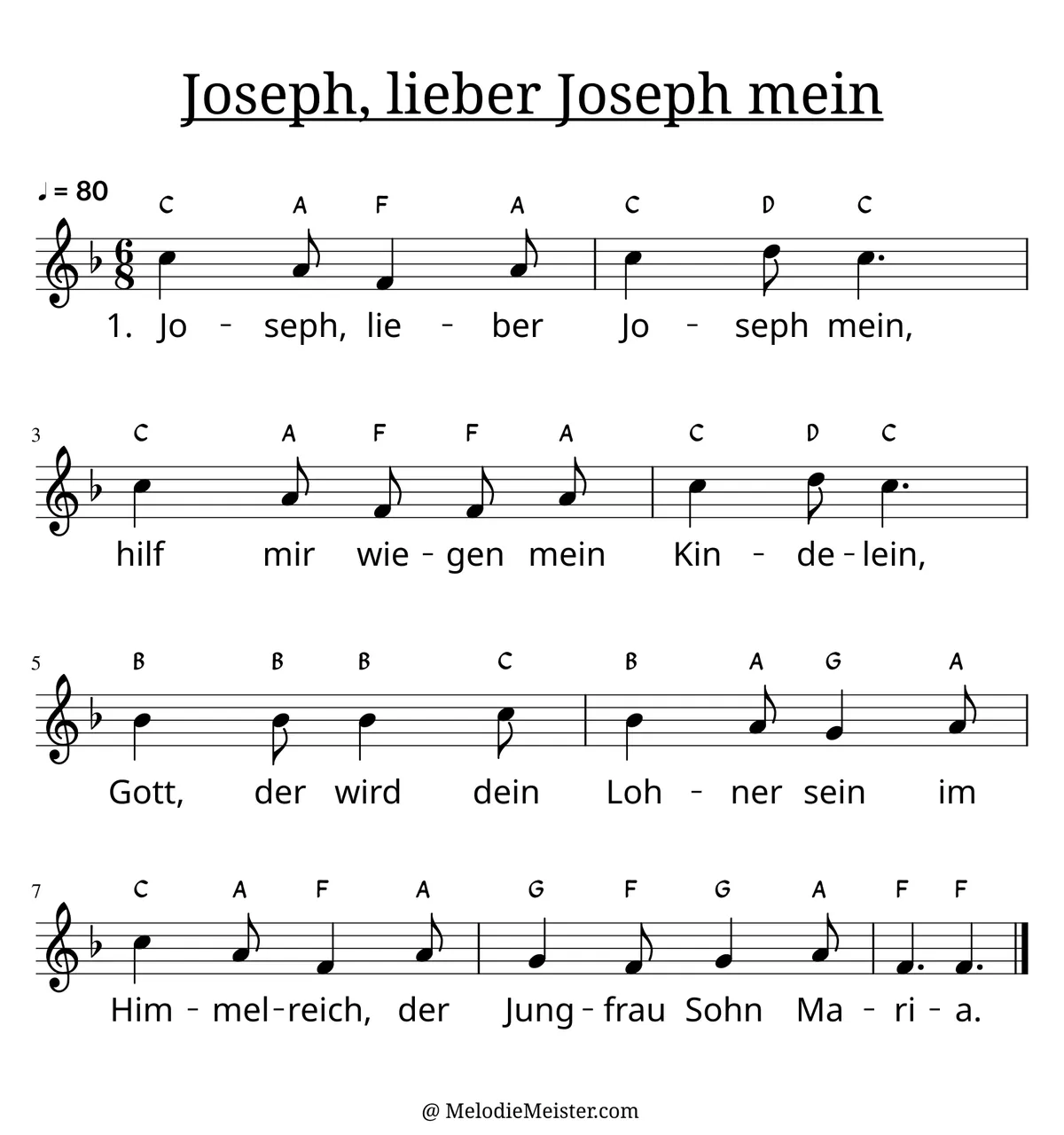 Notenblatt „Joseph, lieber Joseph mein“. Einstimmige Melodie im Violinschlüssel, , , mit der 1. Strophe des Liedtextes.
