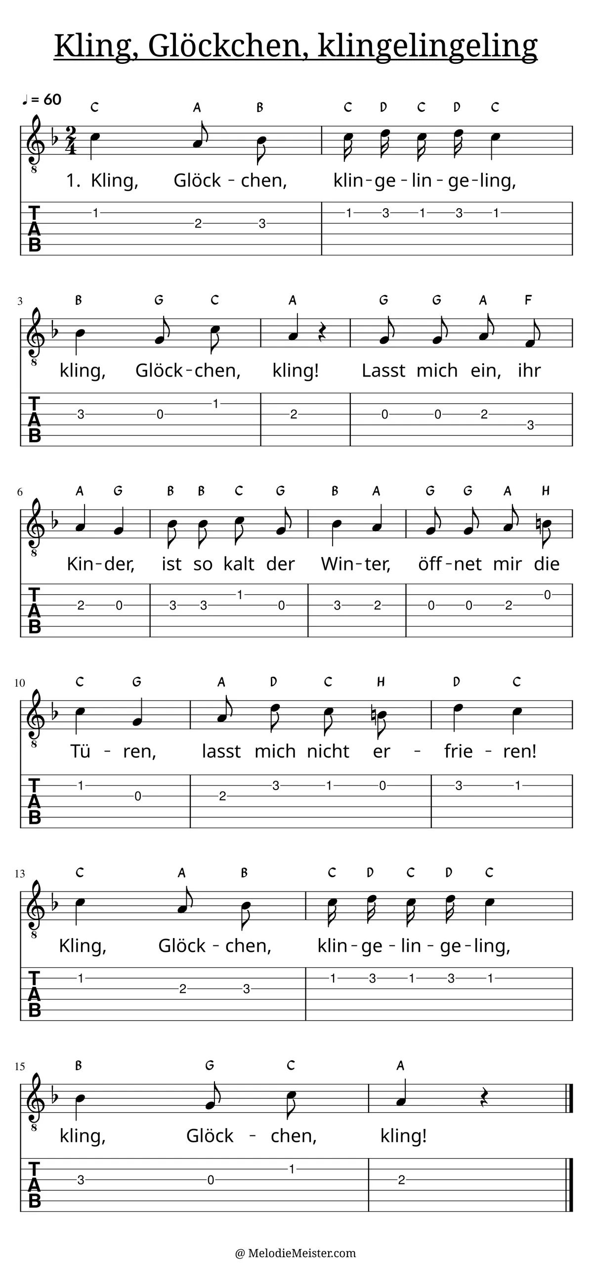 Kling, Glöckchen, klingelingeling – Noten für Gitarre mit Tabulatur und Text zum Weihnachtslieder Adventslied, geeignet für Anfänger